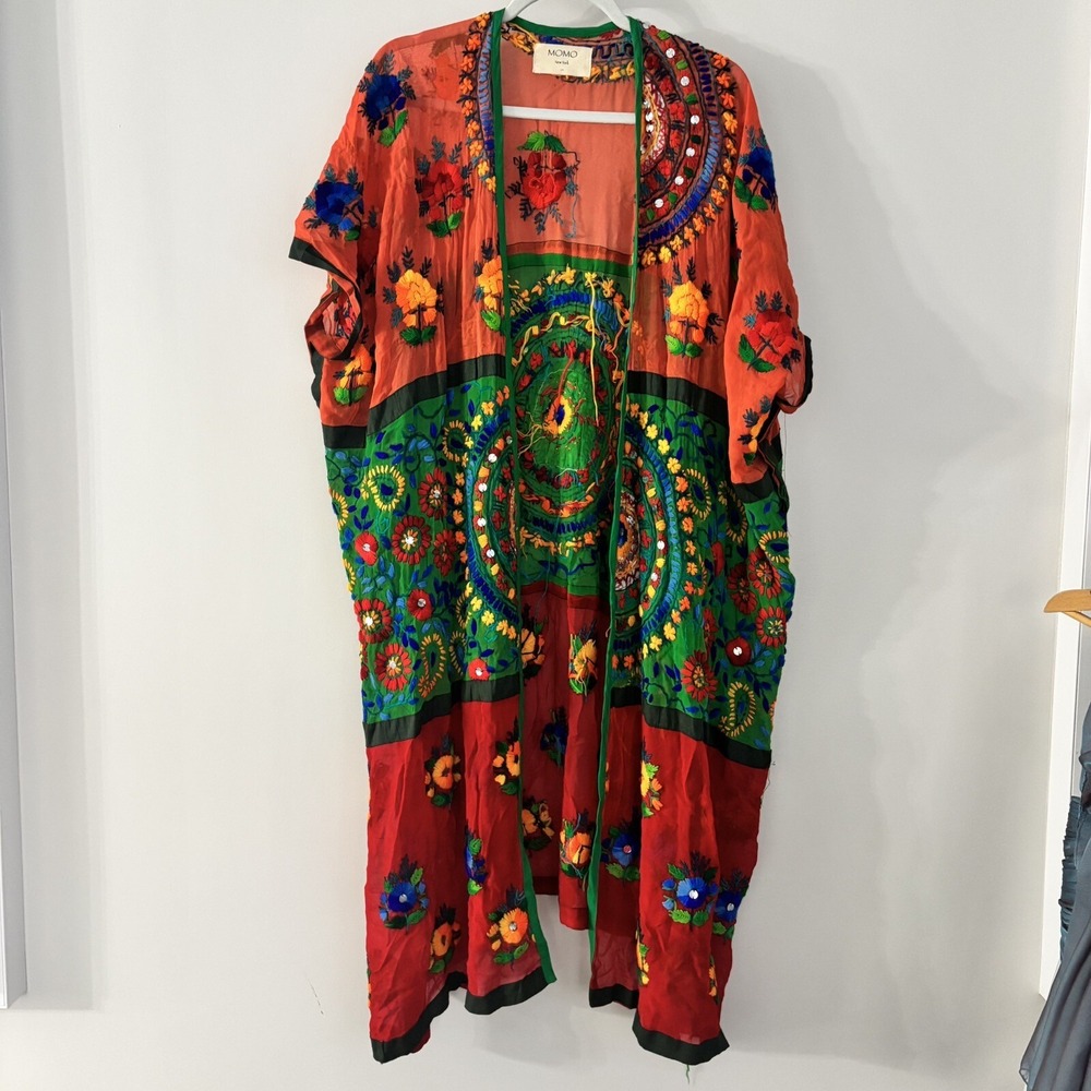 MOMO New York Embroidered Mirror Sequin Cotton‎ Kimono Cover Up Red Green OS